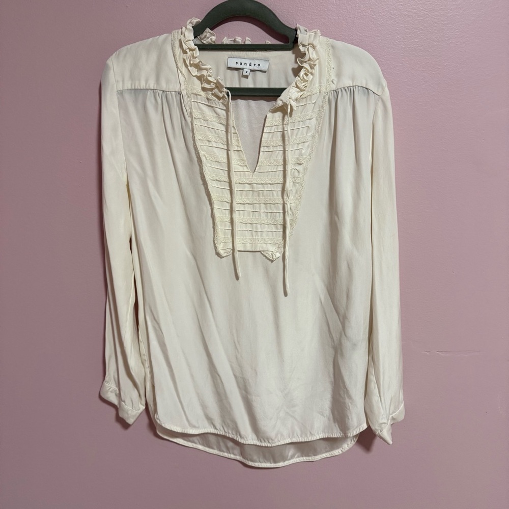 Sandro Ivory Ruffled Tie-Neck Blouse